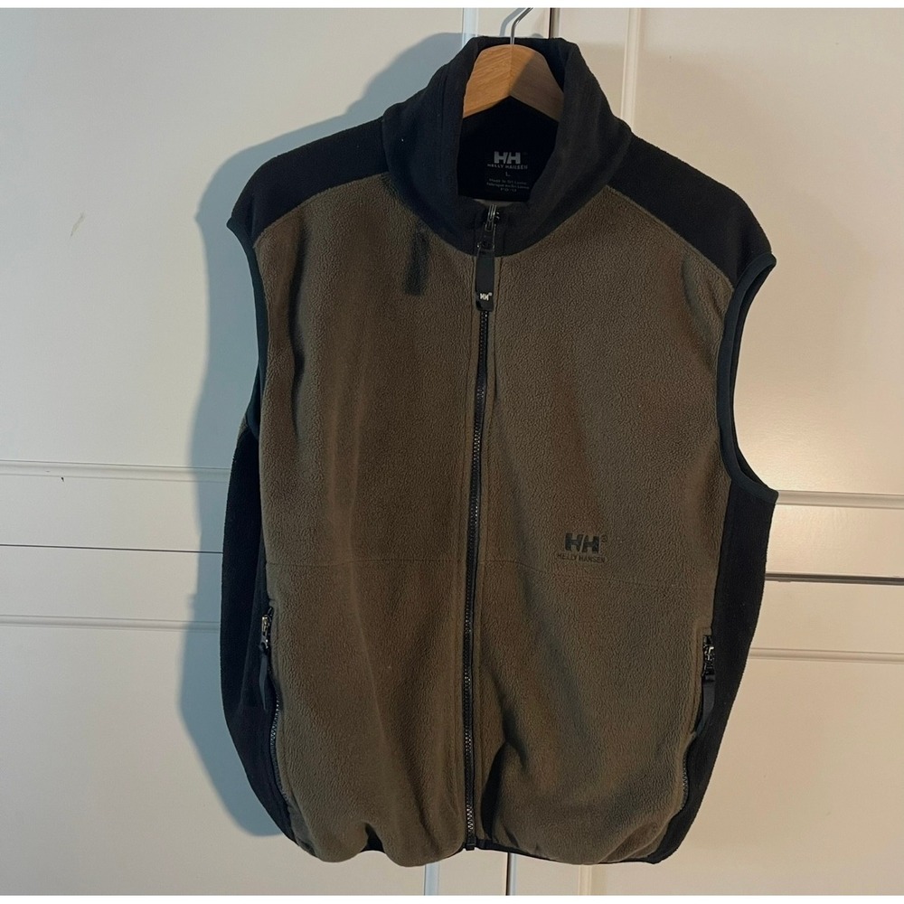 Helly Hansen Mens Fleece Vest Lg Olive Green Black Full Zip Mock Neck Gorpcore
